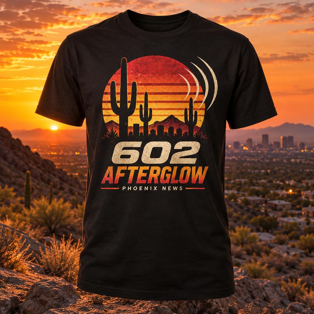 Black 602 Afterglow Phoenix News T-shirt design preview with desert sunset and saguaros