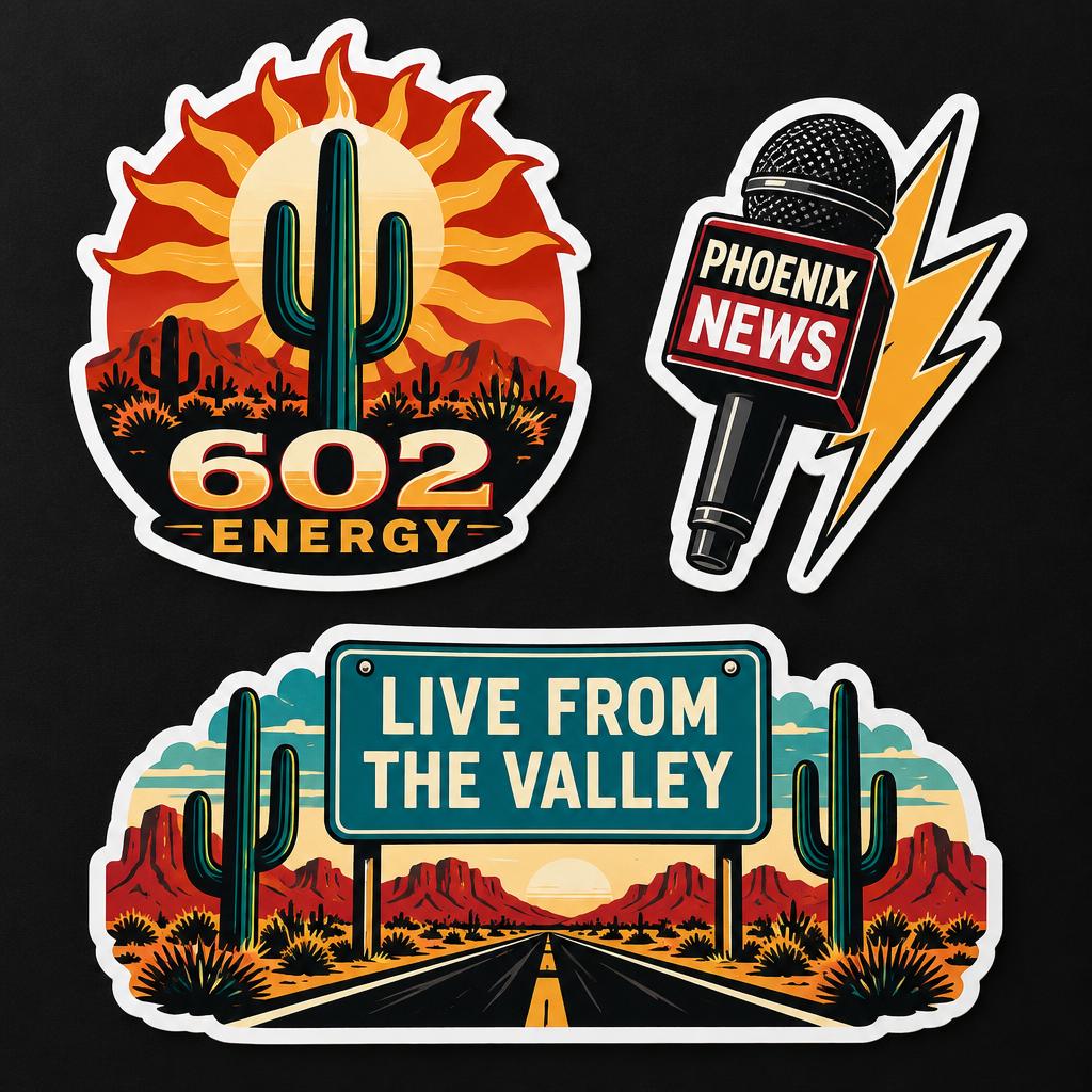 Three Phoenix News sticker previews: 602 Energy, Phoenix News microphone and Live from the Valley