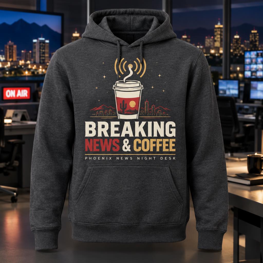 Heather charcoal Breaking News and Coffee Phoenix News hoodie design preview