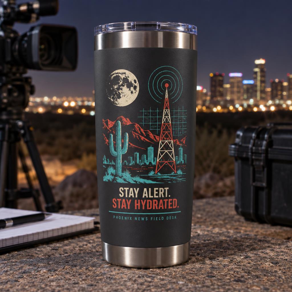Charcoal Stay Alert Stay Hydrated Phoenix News field desk tumbler design preview