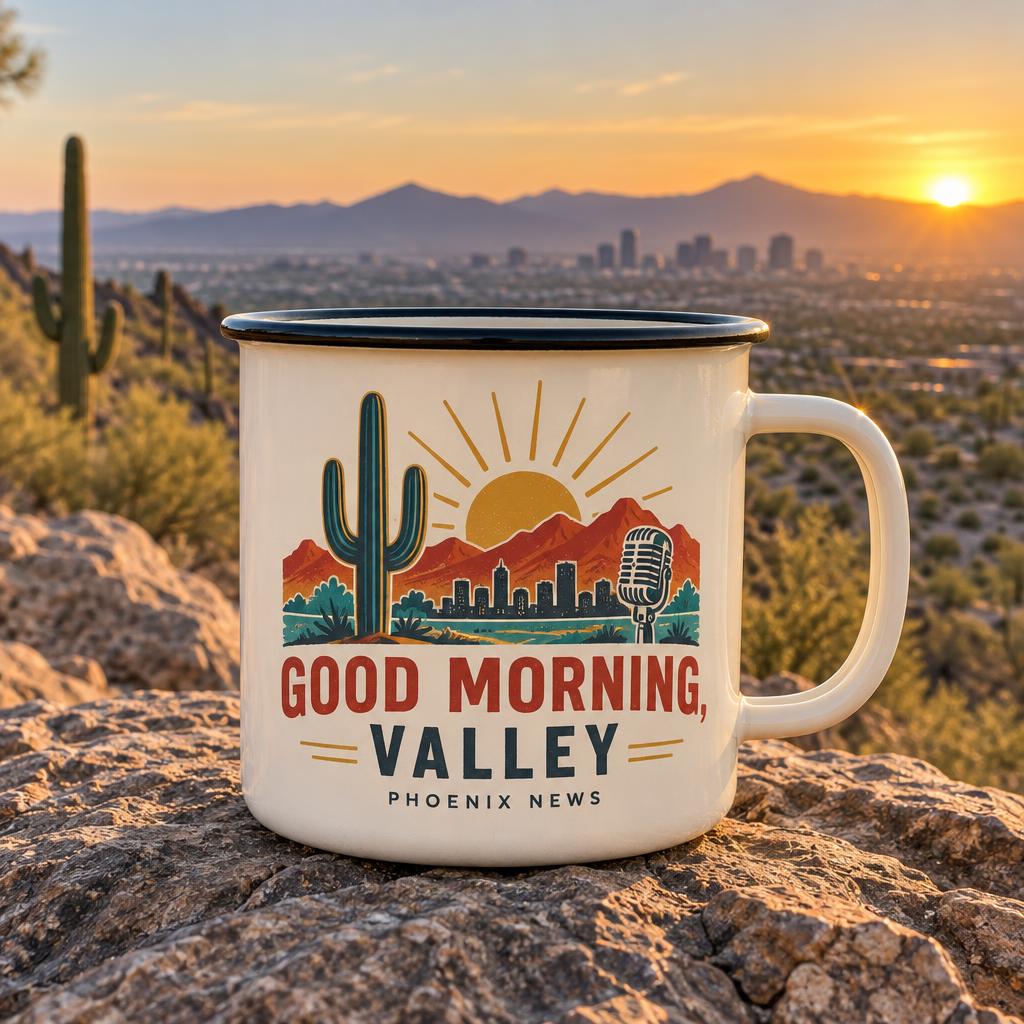Cream Good Morning Valley Phoenix News camp mug design preview with saguaro and microphone