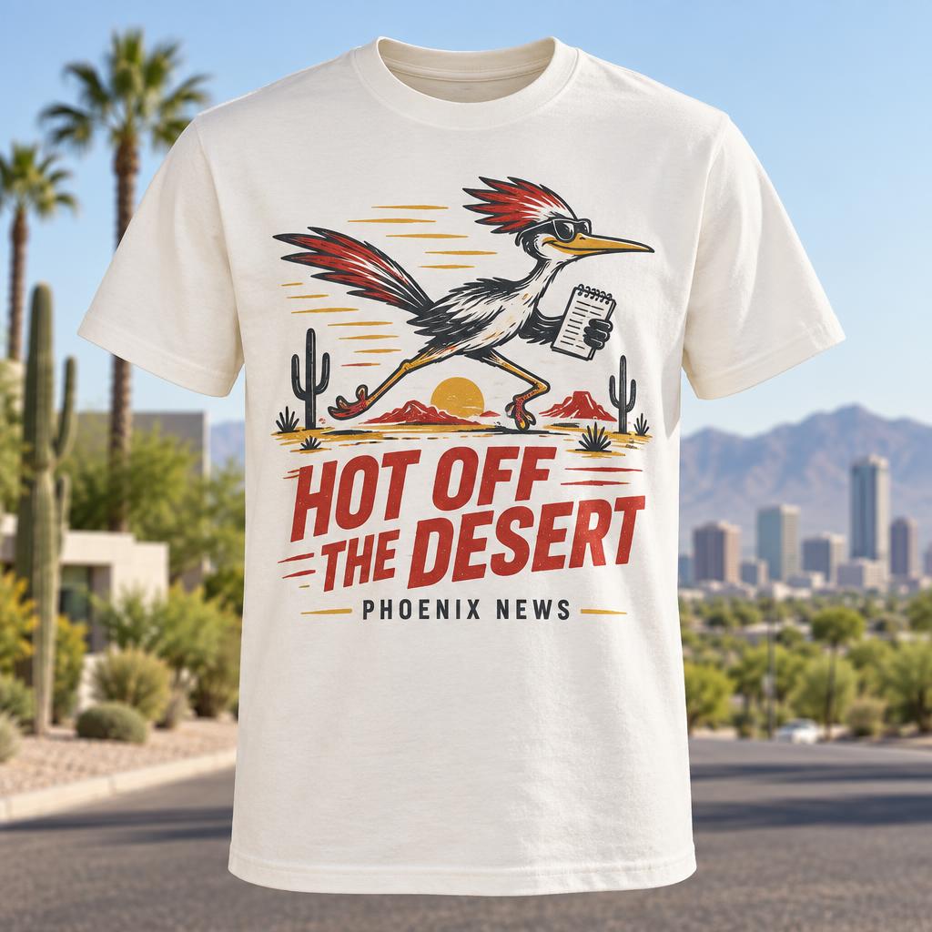 Cream Hot Off the Desert Phoenix News T-shirt design preview with a reporting roadrunner