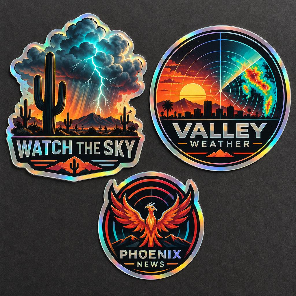 Three Arizona weather sticker previews with monsoon lightning, Valley Weather radar and Phoenix News phoenix