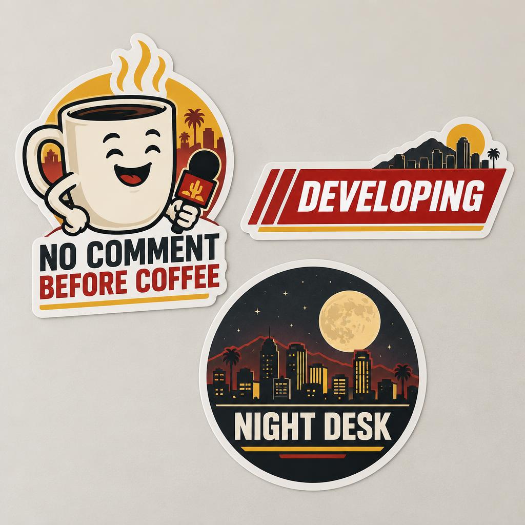 Three newsroom sticker previews: No Comment Before Coffee, Developing and Night Desk