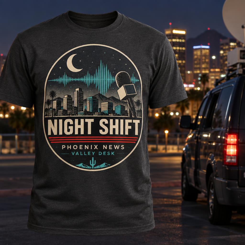 Charcoal Phoenix News Night Shift T-shirt design preview with skyline, microphone and waveform