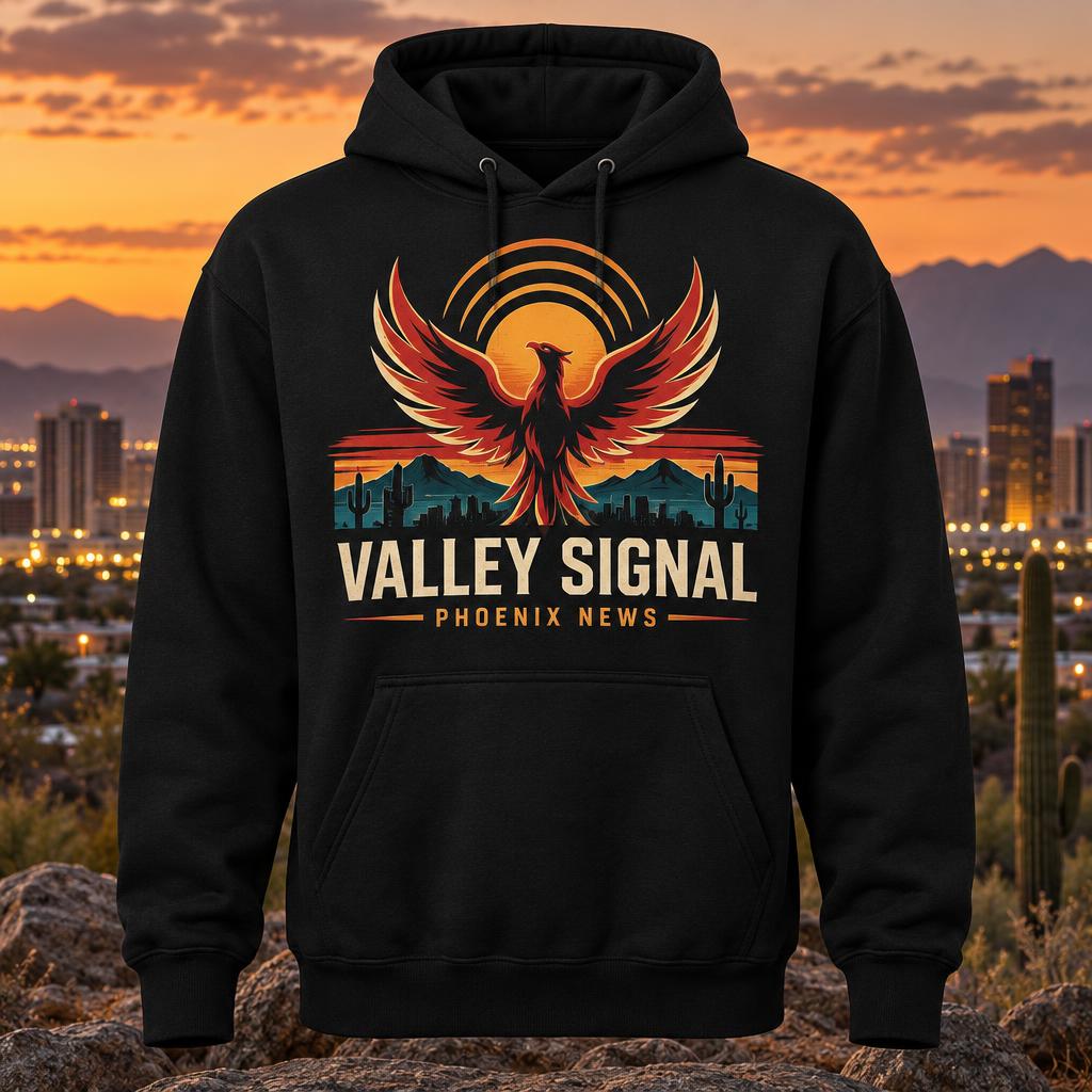 Black Valley Signal Phoenix News hoodie design preview with a phoenix and desert skyline